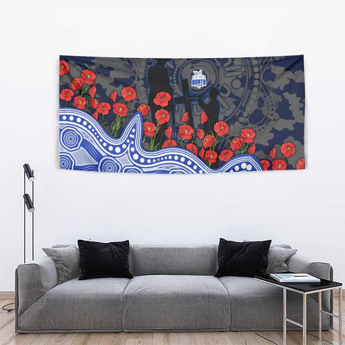 North Melbourne Kangaroos ANZAC Day Tapestry Indigenous Dot Art with Poppy Flower Tribute