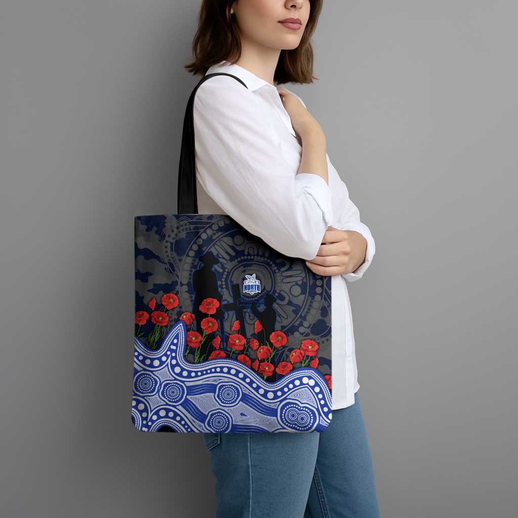 North Melbourne Kangaroos ANZAC Day Tote Bag Indigenous Dot Art with Poppy Flower Tribute