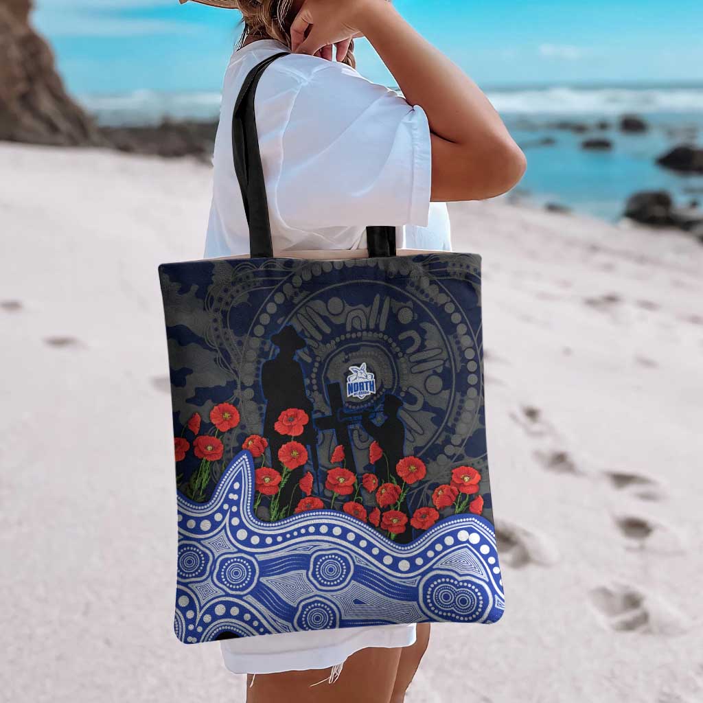 North Melbourne Kangaroos ANZAC Day Tote Bag Indigenous Dot Art with Poppy Flower Tribute