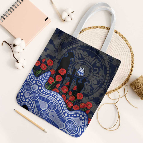 North Melbourne Kangaroos ANZAC Day Tote Bag Indigenous Dot Art with Poppy Flower Tribute