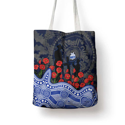 North Melbourne Kangaroos ANZAC Day Tote Bag Indigenous Dot Art with Poppy Flower Tribute