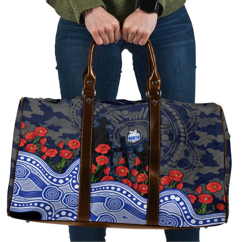 North Melbourne Kangaroos ANZAC Day Travel Bag Indigenous Dot Art with Poppy Flower Tribute