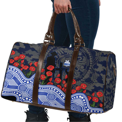 North Melbourne Kangaroos ANZAC Day Travel Bag Indigenous Dot Art with Poppy Flower Tribute