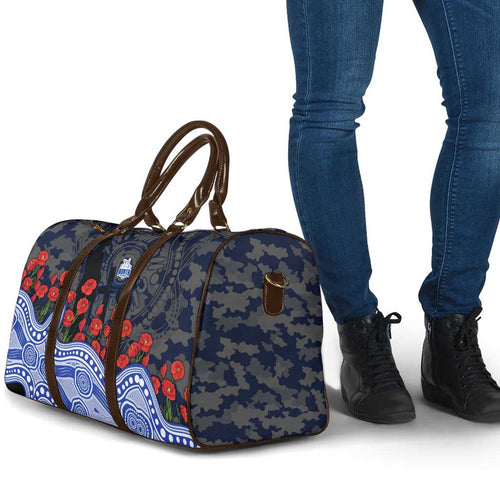 North Melbourne Kangaroos ANZAC Day Travel Bag Indigenous Dot Art with Poppy Flower Tribute