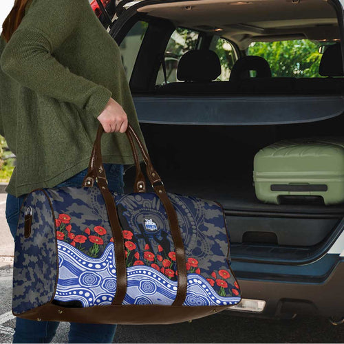 North Melbourne Kangaroos ANZAC Day Travel Bag Indigenous Dot Art with Poppy Flower Tribute