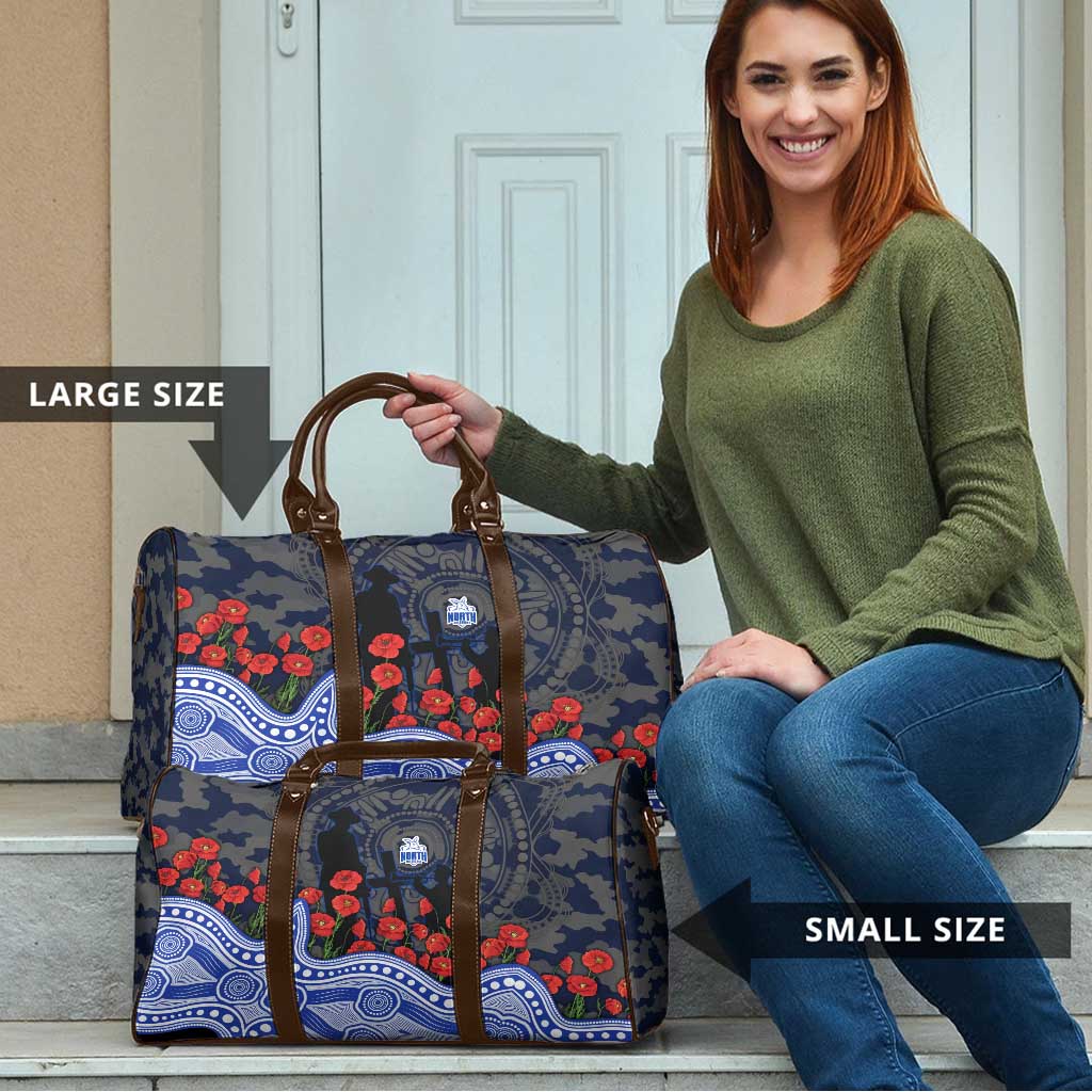 North Melbourne Kangaroos ANZAC Day Travel Bag Indigenous Dot Art with Poppy Flower Tribute