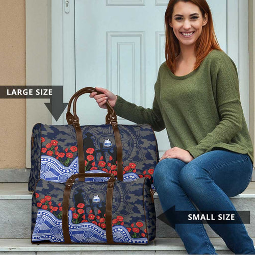 North Melbourne Kangaroos ANZAC Day Travel Bag Indigenous Dot Art with Poppy Flower Tribute