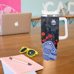North Melbourne Kangaroos ANZAC Day Tumbler With Handle Indigenous Dot Art with Poppy Flower Tribute