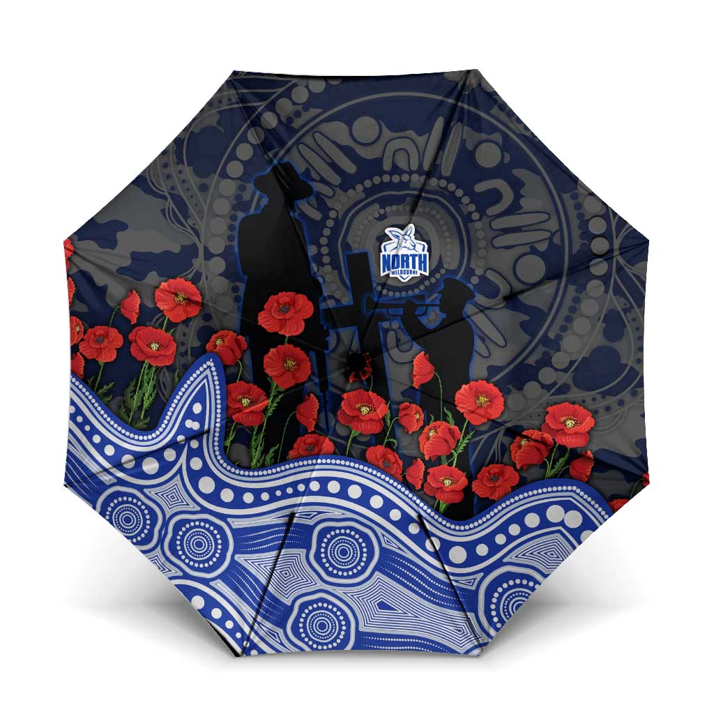 North Melbourne Kangaroos ANZAC Day Umbrella Indigenous Dot Art with Poppy Flower Tribute