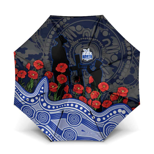 North Melbourne Kangaroos ANZAC Day Umbrella Indigenous Dot Art with Poppy Flower Tribute