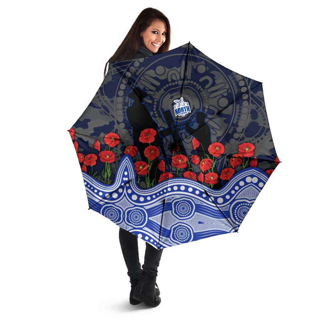 North Melbourne Kangaroos ANZAC Day Umbrella Indigenous Dot Art with Poppy Flower Tribute