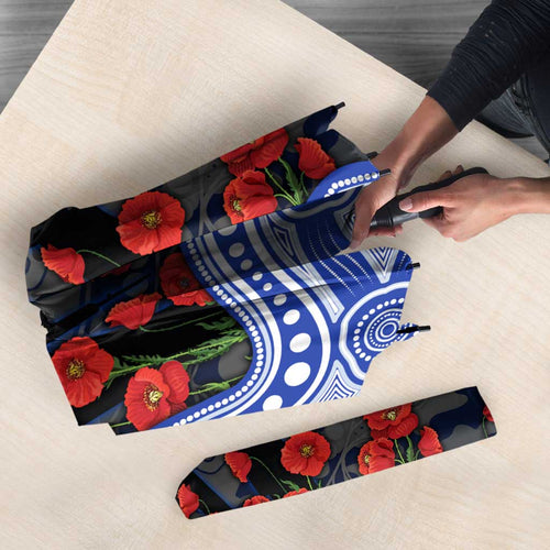 North Melbourne Kangaroos ANZAC Day Umbrella Indigenous Dot Art with Poppy Flower Tribute
