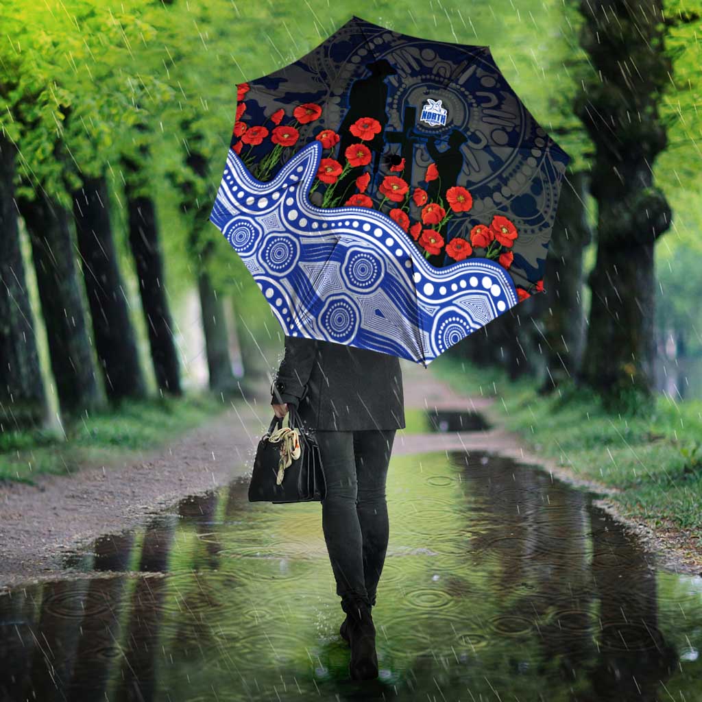 North Melbourne Kangaroos ANZAC Day Umbrella Indigenous Dot Art with Poppy Flower Tribute