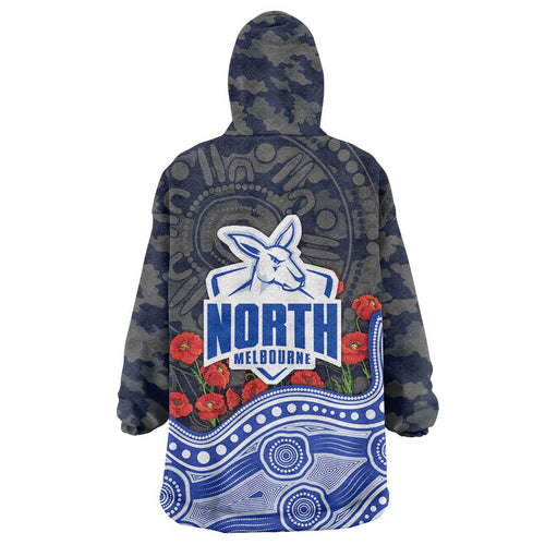 North Melbourne Kangaroos ANZAC Day Wearable Blanket Hoodie Indigenous Dot Art with Poppy Flower Tribute
