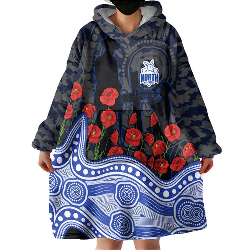 North Melbourne Kangaroos ANZAC Day Wearable Blanket Hoodie Indigenous Dot Art with Poppy Flower Tribute