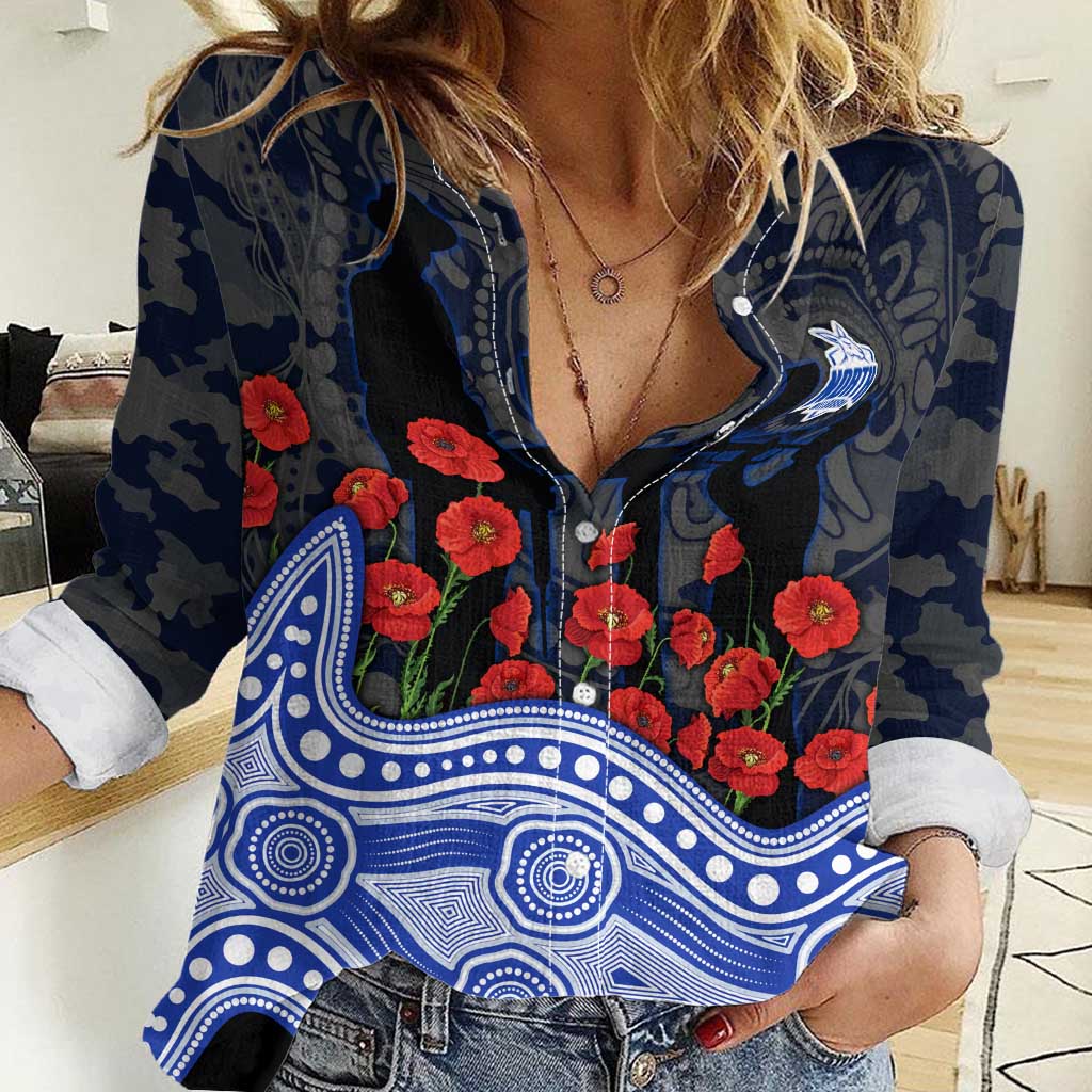 North Melbourne Kangaroos ANZAC Day Women Casual Shirt Indigenous Dot Art with Poppy Flower Tribute