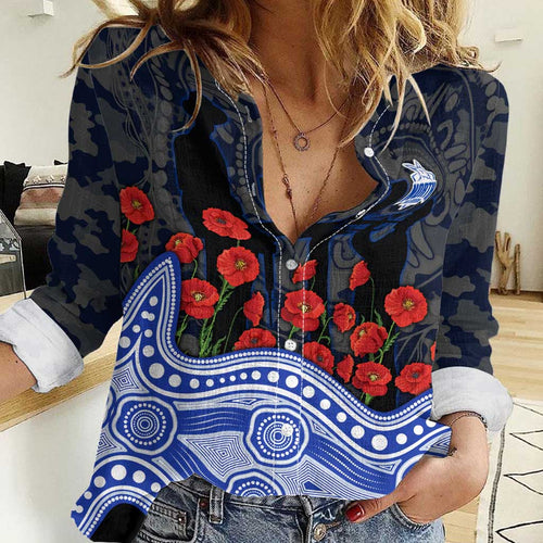 North Melbourne Kangaroos ANZAC Day Women Casual Shirt Indigenous Dot Art with Poppy Flower Tribute