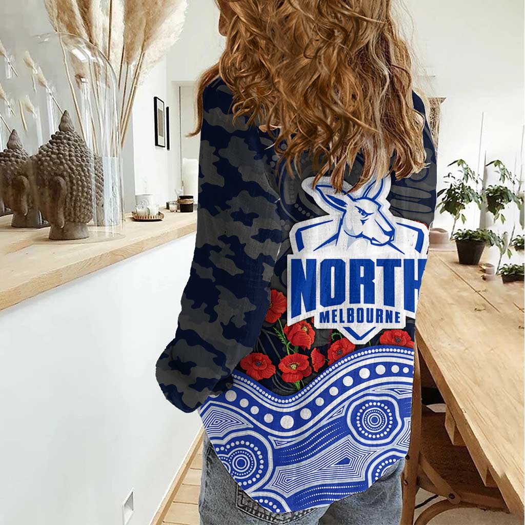 North Melbourne Kangaroos ANZAC Day Women Casual Shirt Indigenous Dot Art with Poppy Flower Tribute