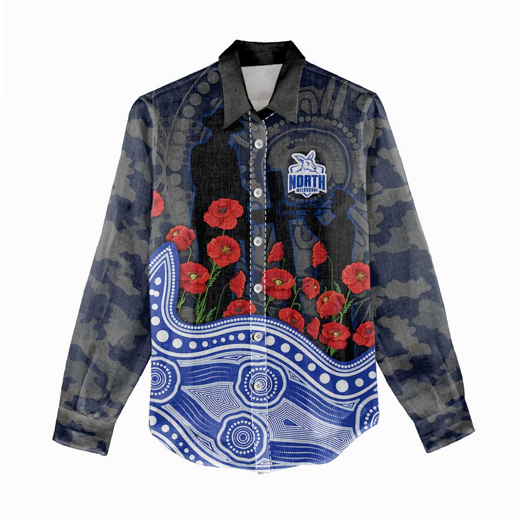 North Melbourne Kangaroos ANZAC Day Women Casual Shirt Indigenous Dot Art with Poppy Flower Tribute