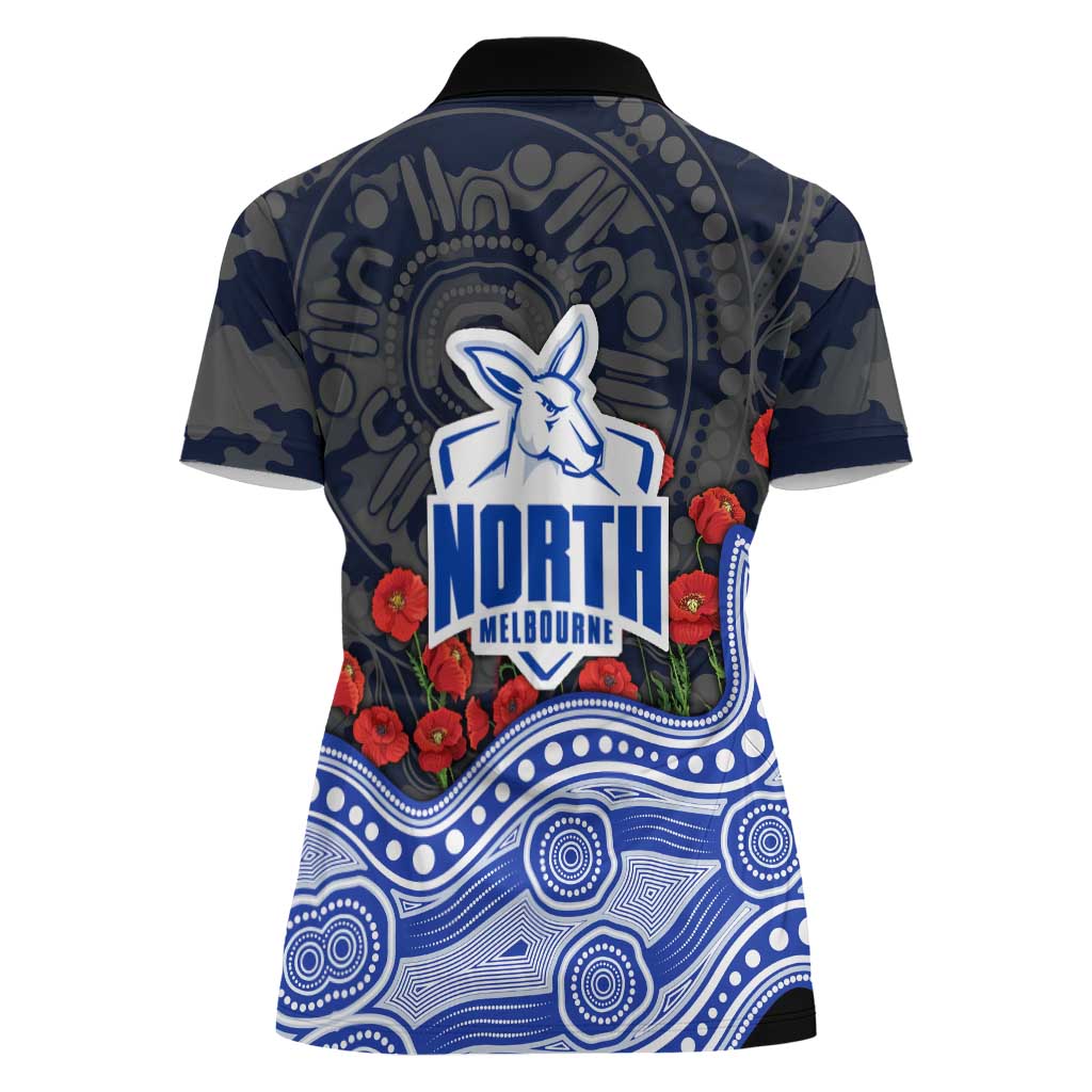 North Melbourne Kangaroos ANZAC Day Women Polo Shirt Indigenous Dot Art with Poppy Flower Tribute
