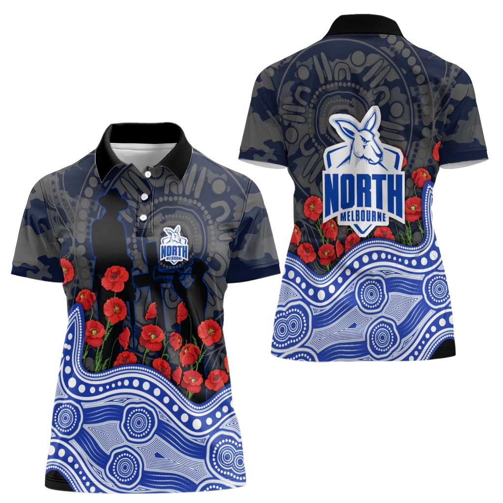 North Melbourne Kangaroos ANZAC Day Women Polo Shirt Indigenous Dot Art with Poppy Flower Tribute