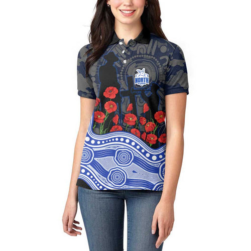 North Melbourne Kangaroos ANZAC Day Women Polo Shirt Indigenous Dot Art with Poppy Flower Tribute
