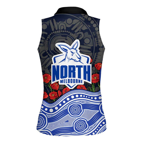 North Melbourne Kangaroos ANZAC Day Women Sleeveless Polo Shirt Indigenous Dot Art with Poppy Flower Tribute