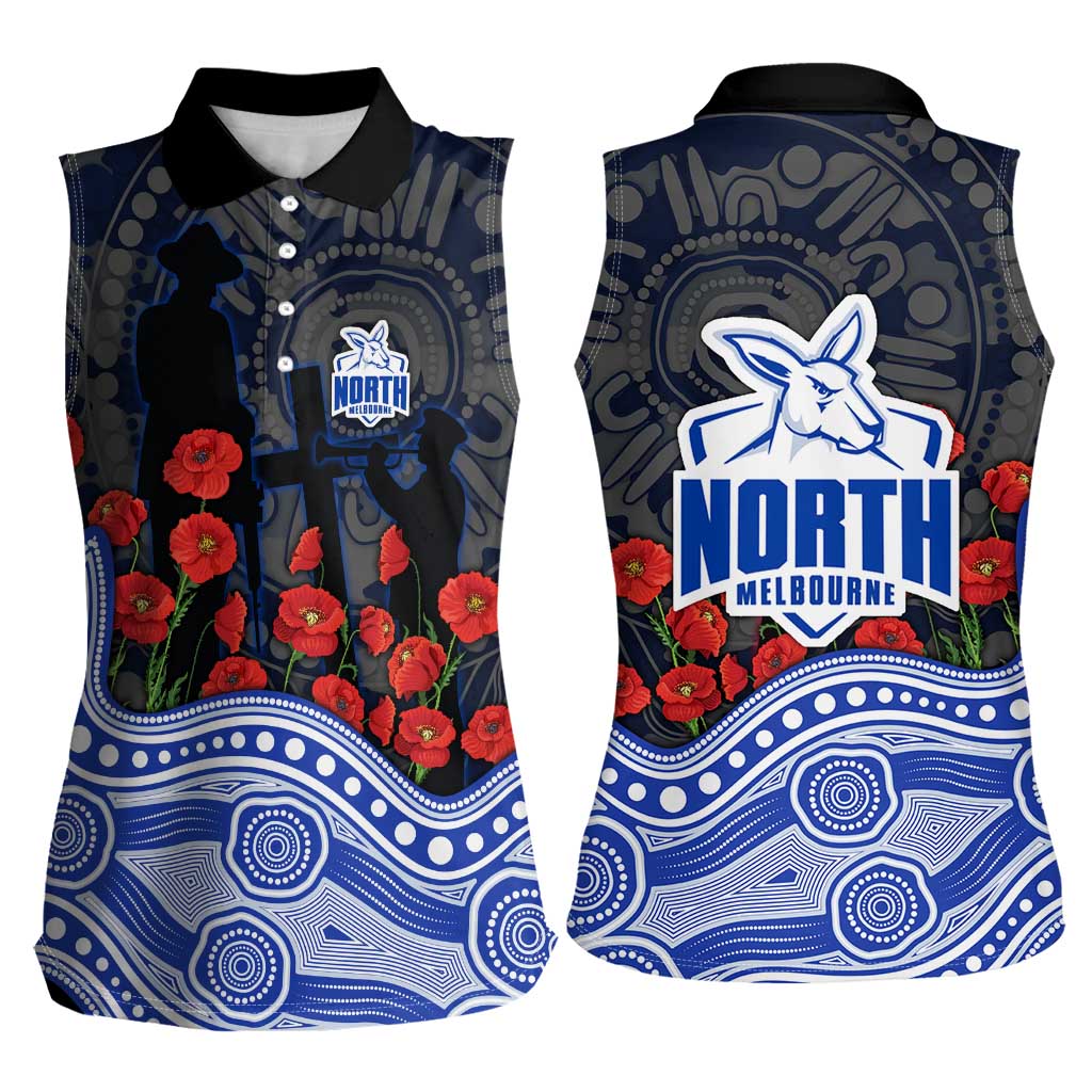 North Melbourne Kangaroos ANZAC Day Women Sleeveless Polo Shirt Indigenous Dot Art with Poppy Flower Tribute