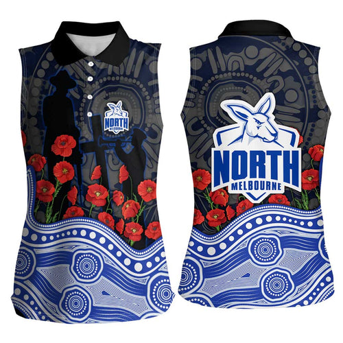 North Melbourne Kangaroos ANZAC Day Women Sleeveless Polo Shirt Indigenous Dot Art with Poppy Flower Tribute