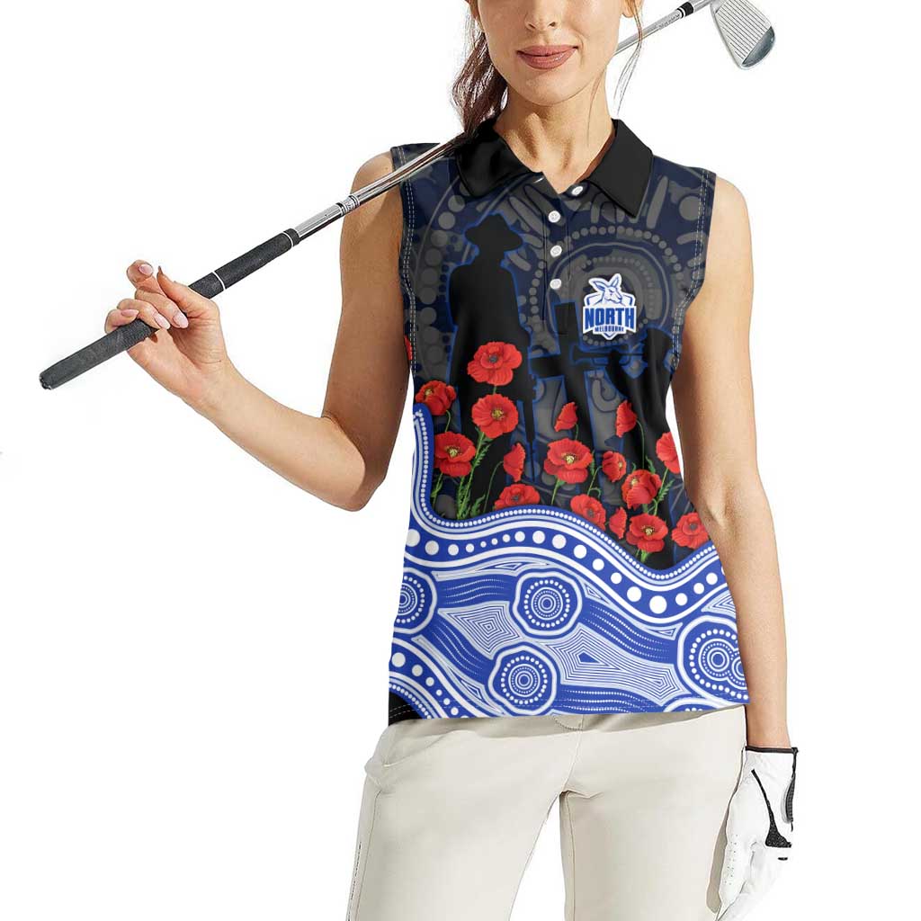North Melbourne Kangaroos ANZAC Day Women Sleeveless Polo Shirt Indigenous Dot Art with Poppy Flower Tribute