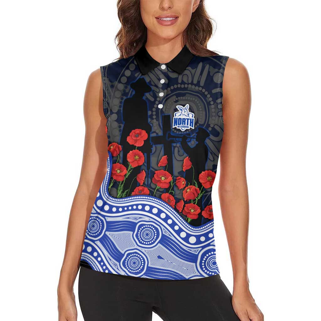 North Melbourne Kangaroos ANZAC Day Women Sleeveless Polo Shirt Indigenous Dot Art with Poppy Flower Tribute