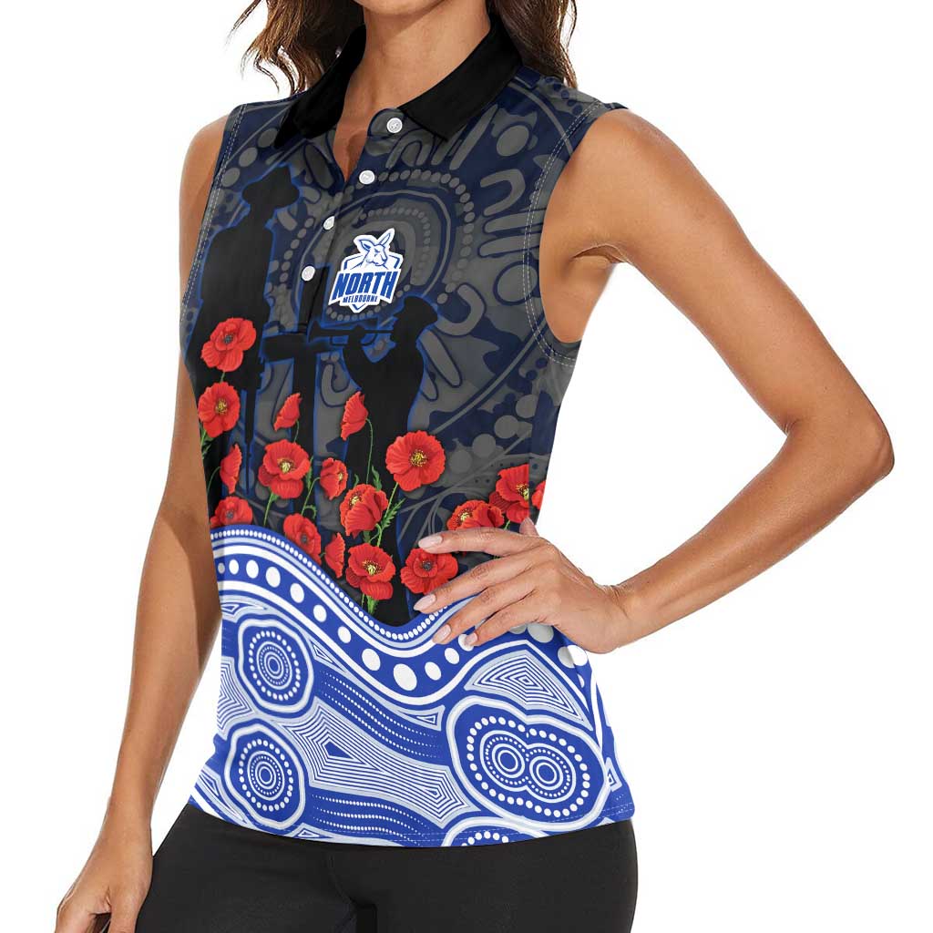 North Melbourne Kangaroos ANZAC Day Women Sleeveless Polo Shirt Indigenous Dot Art with Poppy Flower Tribute