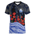 North Melbourne Kangaroos ANZAC Day Women V-Neck T-Shirt Indigenous Dot Art with Poppy Flower Tribute