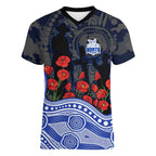 North Melbourne Kangaroos ANZAC Day Women V-Neck T-Shirt Indigenous Dot Art with Poppy Flower Tribute