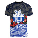 North Melbourne Kangaroos ANZAC Day Women V-Neck T-Shirt Indigenous Dot Art with Poppy Flower Tribute