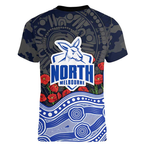 North Melbourne Kangaroos ANZAC Day Women V-Neck T-Shirt Indigenous Dot Art with Poppy Flower Tribute