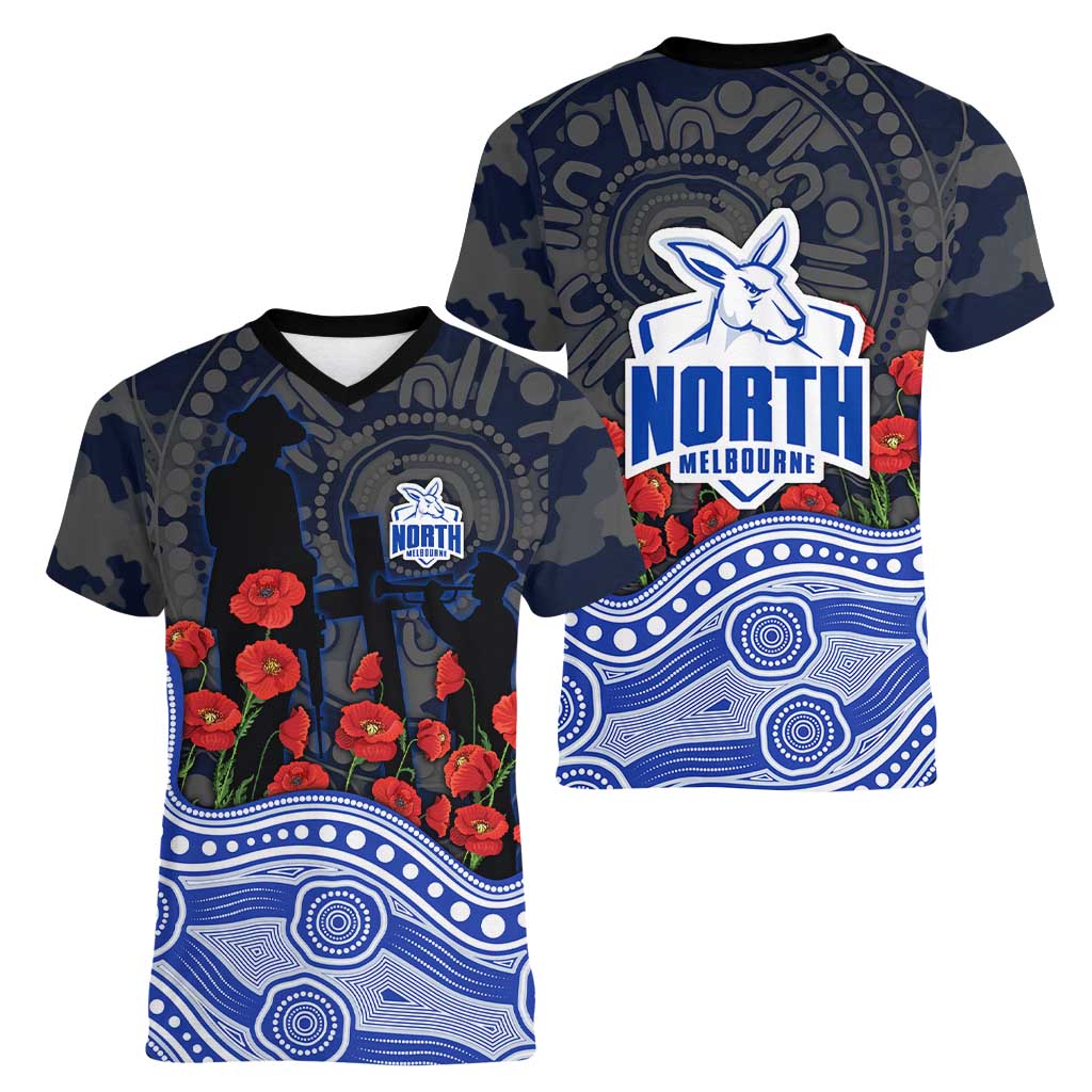 North Melbourne Kangaroos ANZAC Day Women V-Neck T-Shirt Indigenous Dot Art with Poppy Flower Tribute