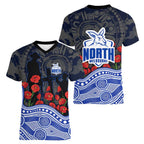 North Melbourne Kangaroos ANZAC Day Women V-Neck T-Shirt Indigenous Dot Art with Poppy Flower Tribute