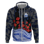 North Melbourne Kangaroos ANZAC Day Zip Hoodie Indigenous Dot Art with Poppy Flower Tribute