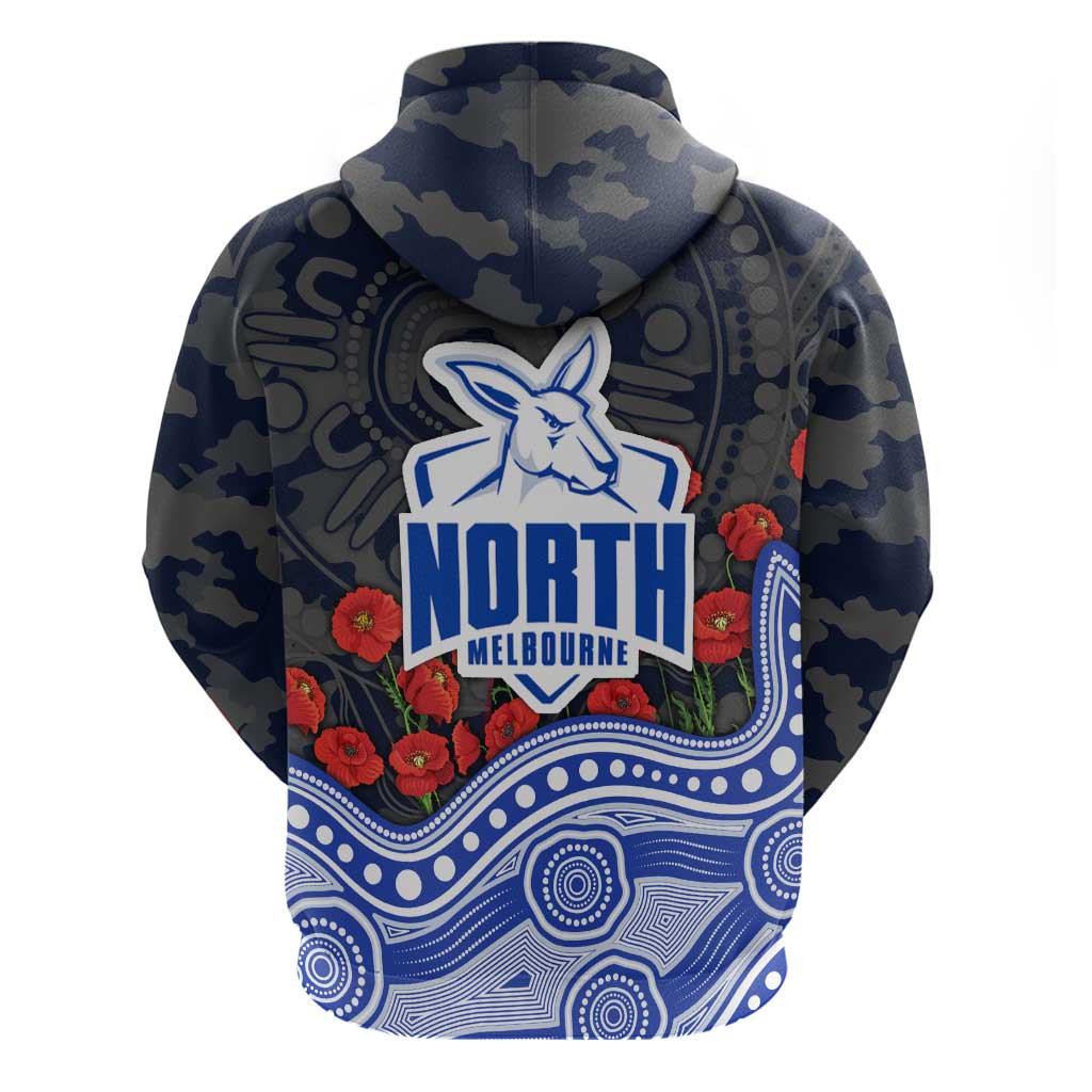 North Melbourne Kangaroos ANZAC Day Zip Hoodie Indigenous Dot Art with Poppy Flower Tribute