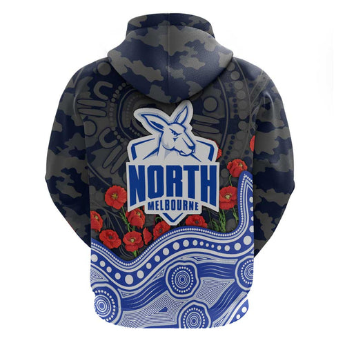 North Melbourne Kangaroos ANZAC Day Zip Hoodie Indigenous Dot Art with Poppy Flower Tribute