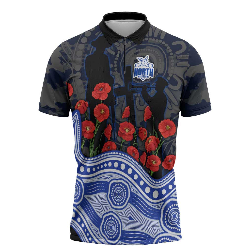 North Melbourne Kangaroos ANZAC Day Zipper Polo Shirt Indigenous Dot Art with Poppy Flower Tribute