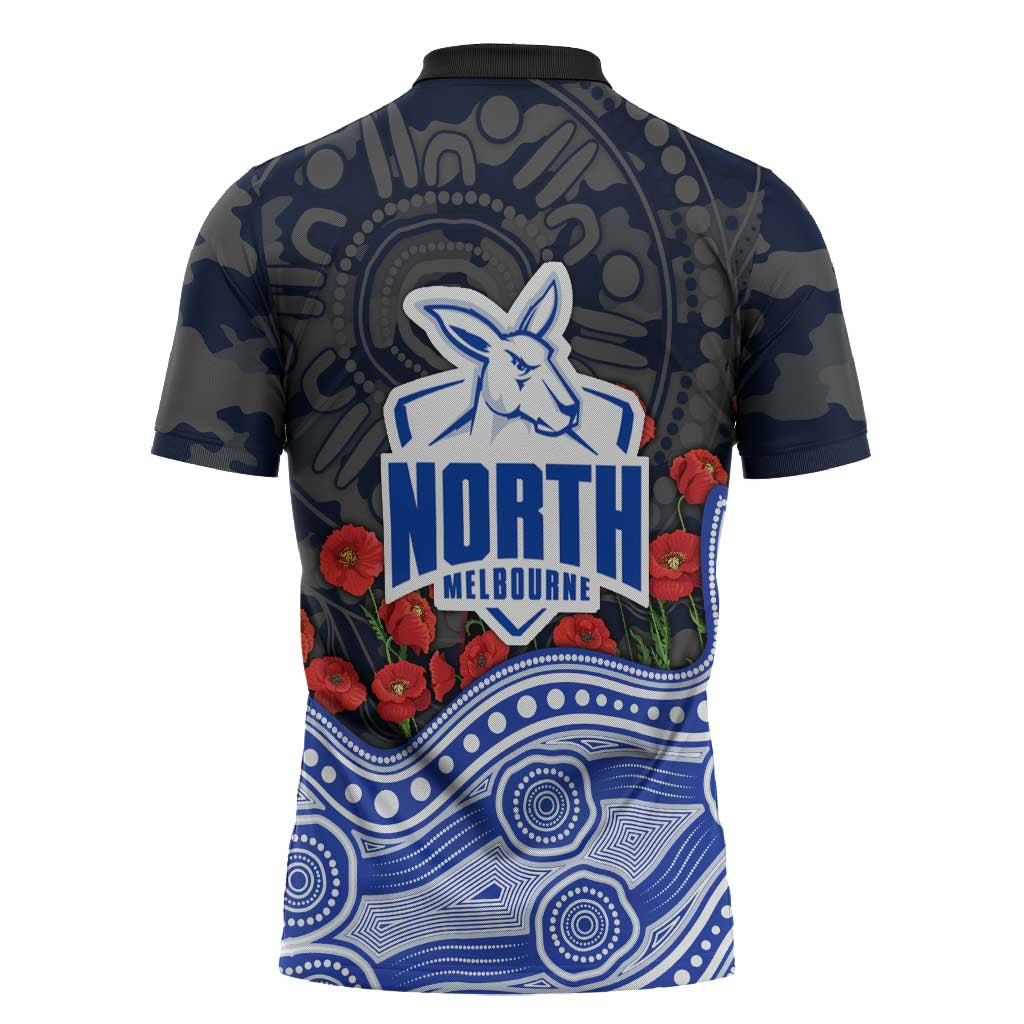 North Melbourne Kangaroos ANZAC Day Zipper Polo Shirt Indigenous Dot Art with Poppy Flower Tribute