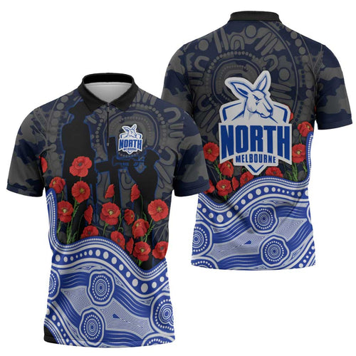 North Melbourne Kangaroos ANZAC Day Zipper Polo Shirt Indigenous Dot Art with Poppy Flower Tribute