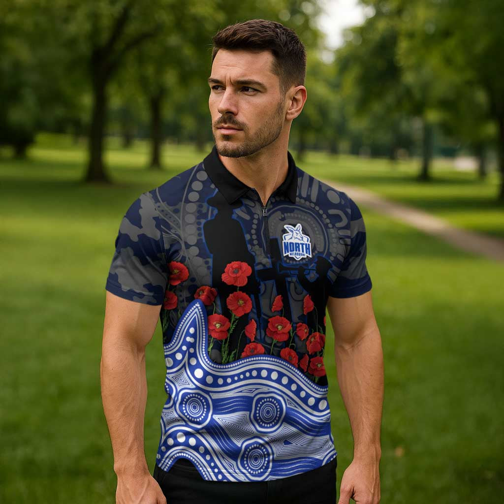 North Melbourne Kangaroos ANZAC Day Zipper Polo Shirt Indigenous Dot Art with Poppy Flower Tribute