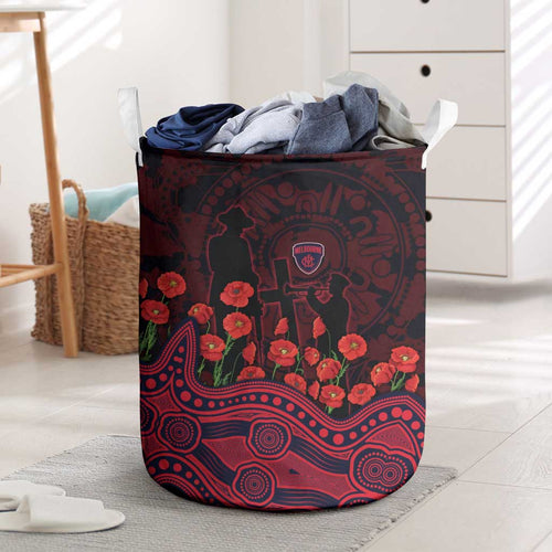 Melbourne Demons ANZAC Day Laundry Basket Indigenous Dot Art with Poppy Flower Tribute