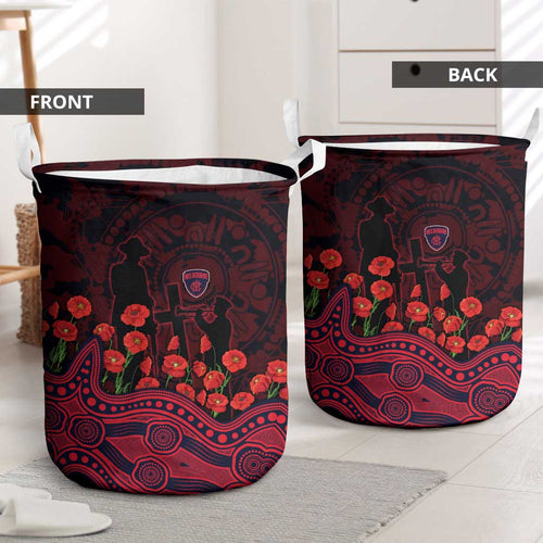 Melbourne Demons ANZAC Day Laundry Basket Indigenous Dot Art with Poppy Flower Tribute