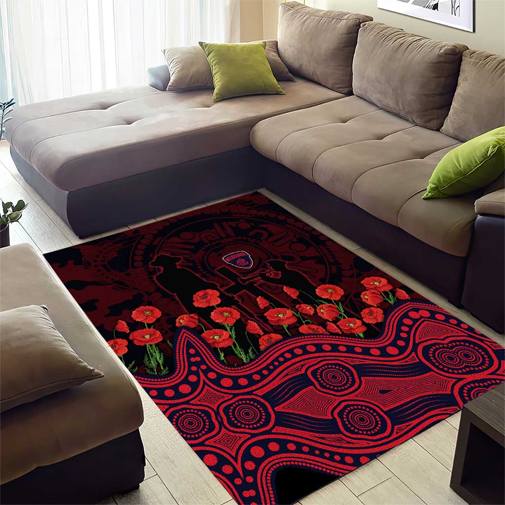 Melbourne Demons ANZAC Day Area Rug Indigenous Dot Art with Poppy Flower Tribute