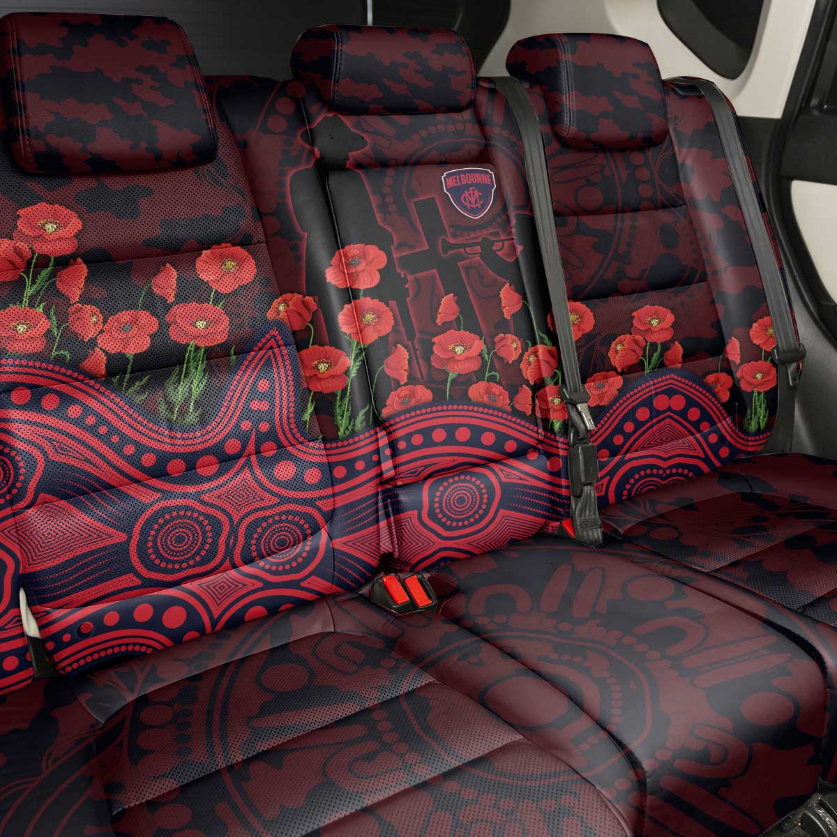 Melbourne Demons ANZAC Day Back Car Seat Cover Indigenous Dot Art with Poppy Flower Tribute