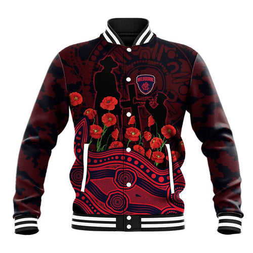 Melbourne Demons ANZAC Day Baseball Jacket Indigenous Dot Art with Poppy Flower Tribute